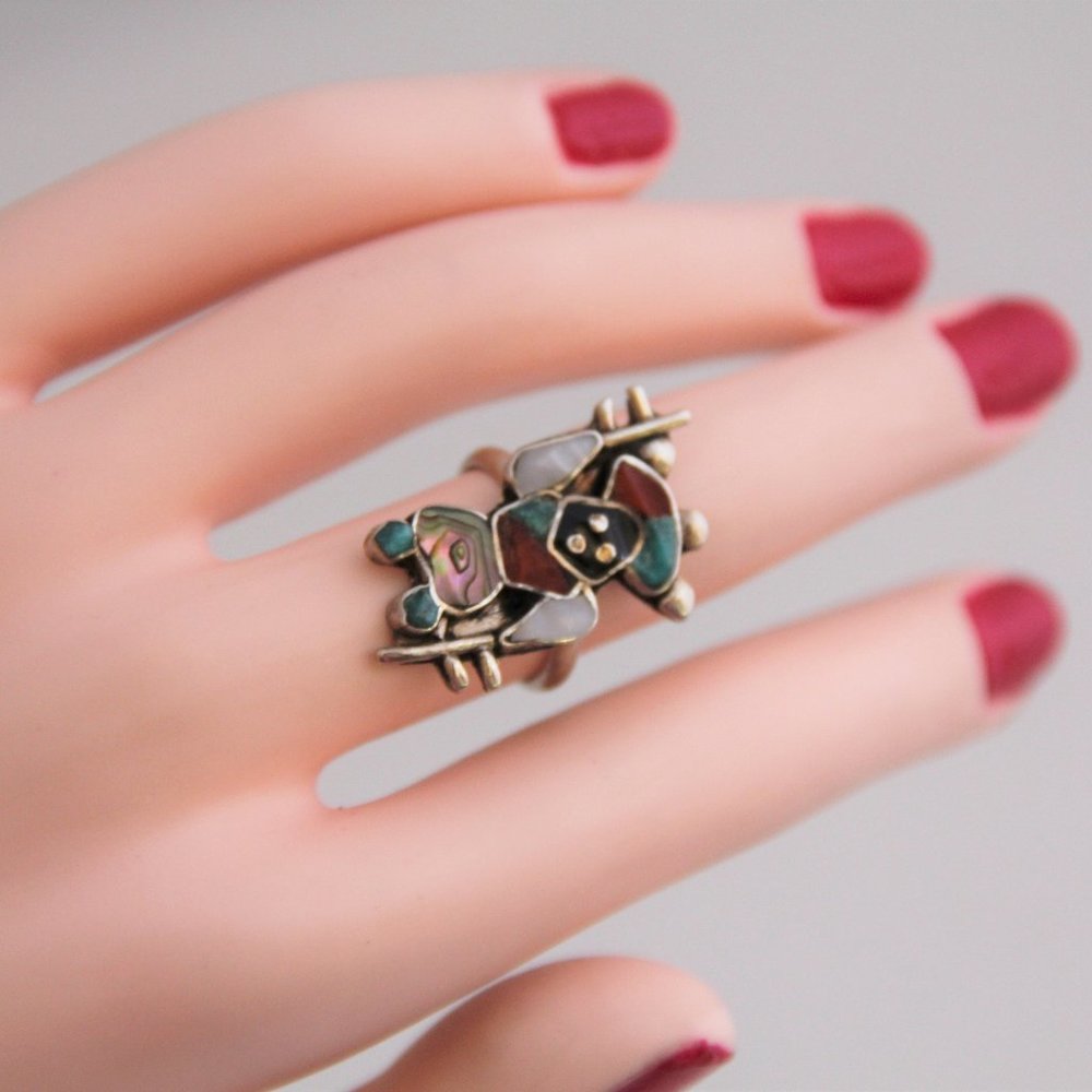 Vintage Zuni Sterling Gemstone Inlay Totem Ring